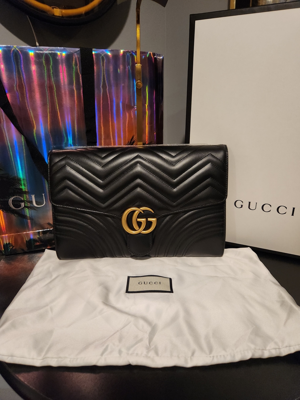 Gucci GG Marmont Quilted Chevron Black Leather Clutch